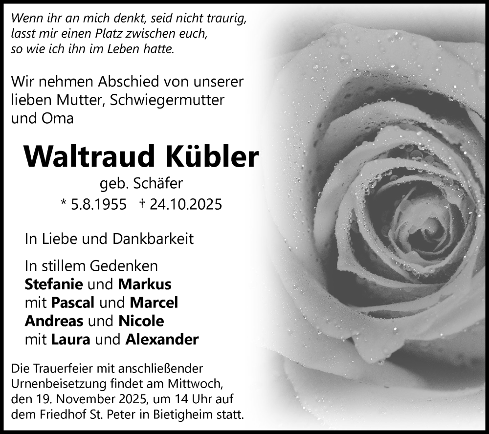  Traueranzeige für Waltraud Kübler vom 15.11.2025 aus Bietigheimer Zeitung