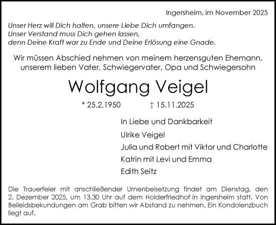 Traueranzeige von Wolfgang Veigel von Bietigheimer Zeitung
