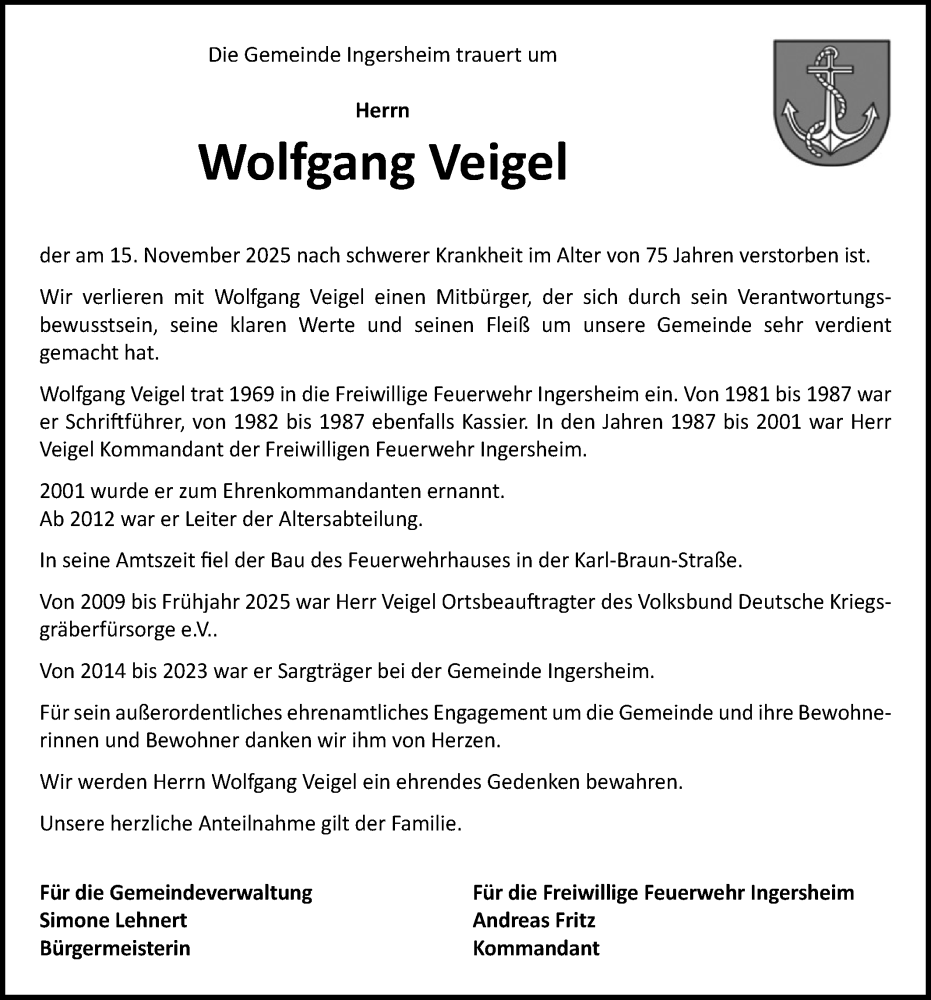  Traueranzeige für Wolfgang Veigel vom 25.11.2025 aus Bietigheimer Zeitung