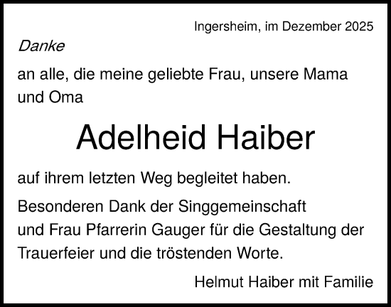 Traueranzeige von Adelheid Haiber von Bietigheimer Zeitung