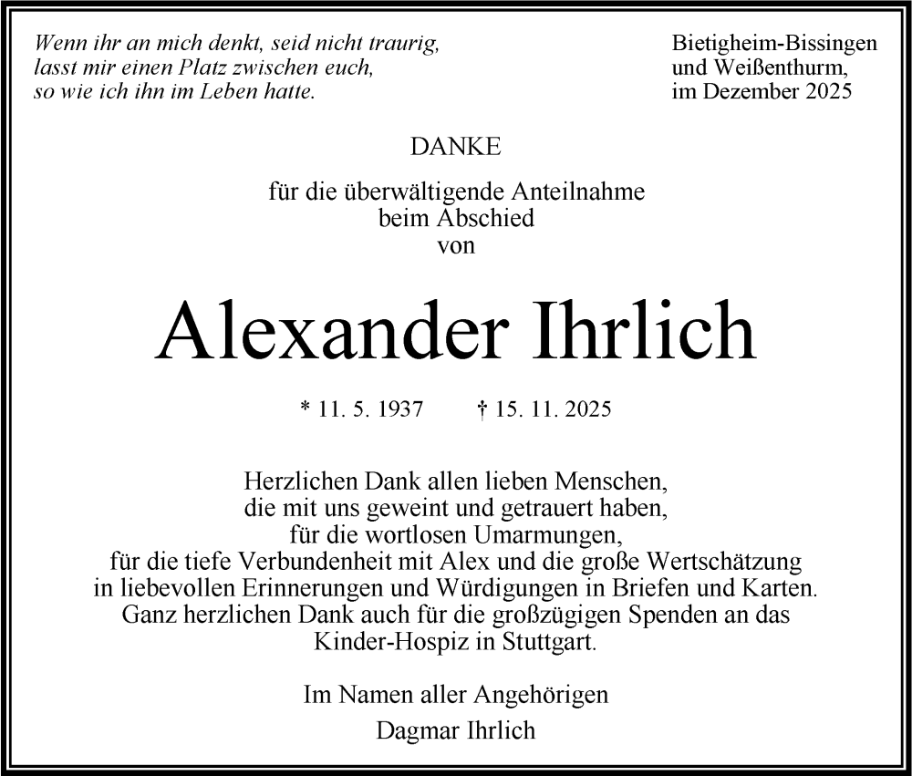  Traueranzeige für Alexander Ihrlich vom 27.12.2025 aus Bietigheimer Zeitung