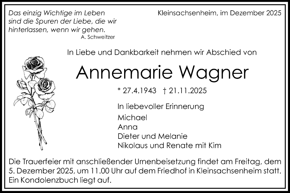  Traueranzeige für Annemarie Wagner vom 01.12.2025 aus Bietigheimer Zeitung