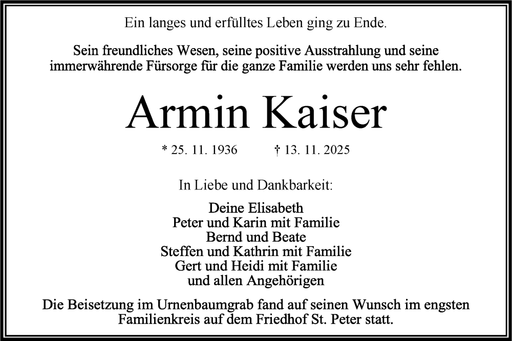  Traueranzeige für Armin Kaiser vom 02.12.2025 aus Bietigheimer Zeitung