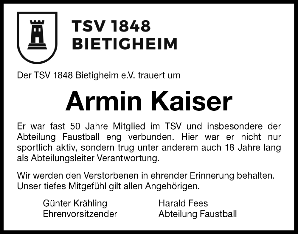  Traueranzeige für Armin Kaiser vom 02.12.2025 aus Bietigheimer Zeitung