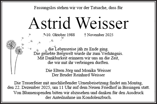 Traueranzeige von Astrid Weisser von Bietigheimer Zeitung