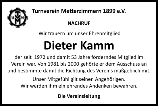 Traueranzeige von Dieter Kamm von Bietigheimer Zeitung