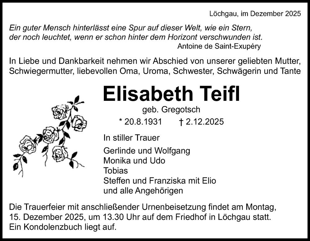  Traueranzeige für Elisabeth Teifl vom 11.12.2025 aus Bietigheimer Zeitung