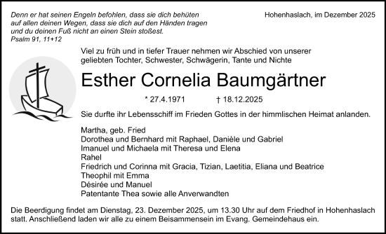 Traueranzeige von Esther Cornelia Baumgärtner von Bietigheimer Zeitung
