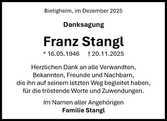 Traueranzeige von Franz Stangl von Bietigheimer Zeitung