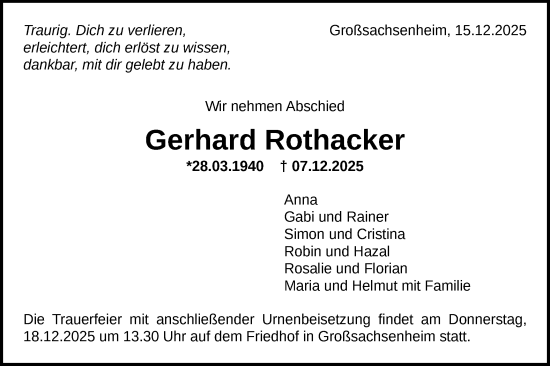 Traueranzeige von Gerhard Rothacker von Bietigheimer Zeitung