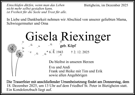 Traueranzeige von Gisela Riexinger von Bietigheimer Zeitung