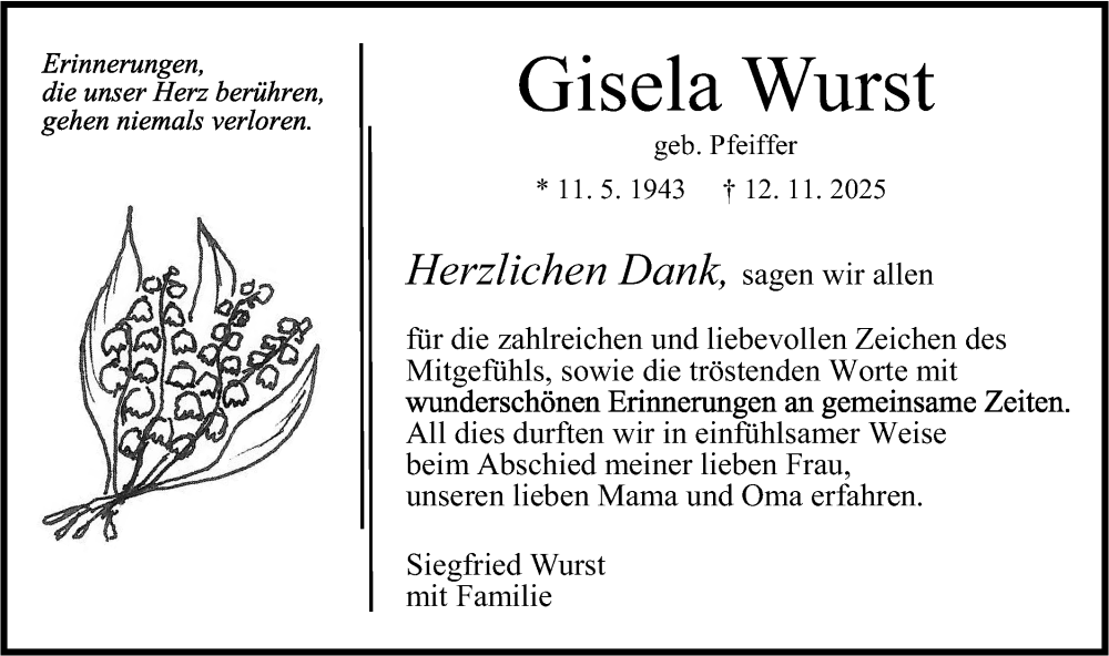  Traueranzeige für Gisela Wurst vom 05.12.2025 aus Bietigheimer Zeitung