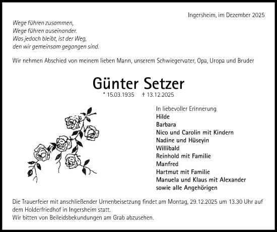 Traueranzeige von Günter Setzer von Bietigheimer Zeitung