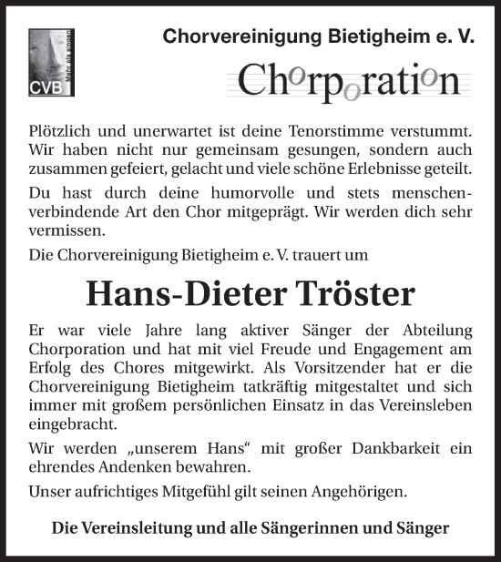 Traueranzeige von Hans-Dieter Tröster von Bietigheimer Zeitung