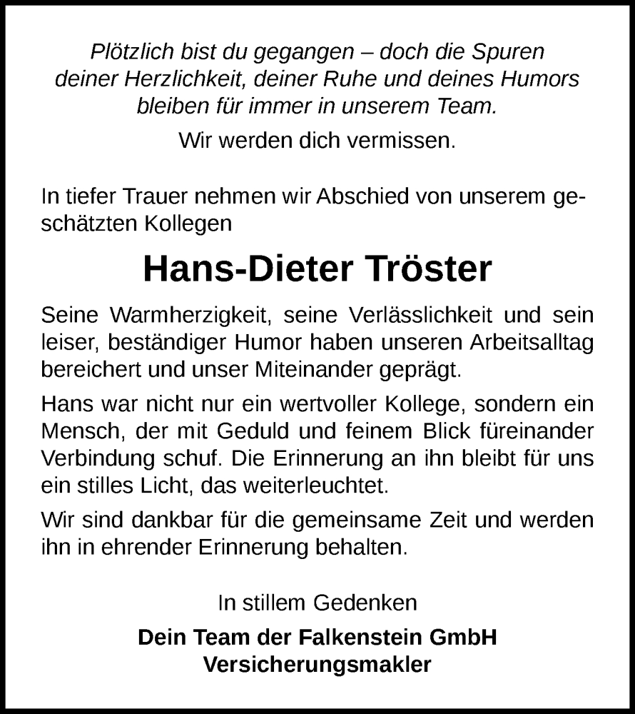  Traueranzeige für Hans-Dieter Tröster vom 06.12.2025 aus Bietigheimer Zeitung