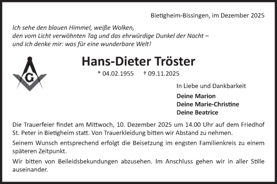 Traueranzeige von Hans-Dieter Tröster von Bietigheimer Zeitung