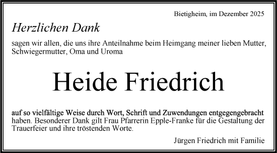 Traueranzeige von Heide Friedrich von Bietigheimer Zeitung