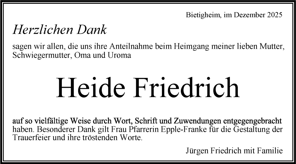  Traueranzeige für Heide Friedrich vom 13.12.2025 aus Bietigheimer Zeitung
