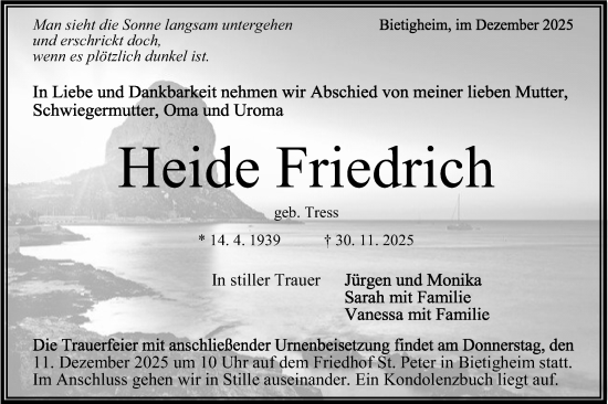 Traueranzeige von Heide Friedrich von Bietigheimer Zeitung