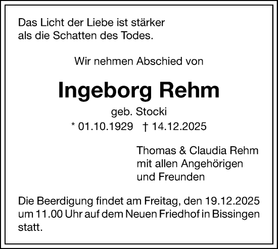 Traueranzeige von Ingeborg Rehm von Bietigheimer Zeitung