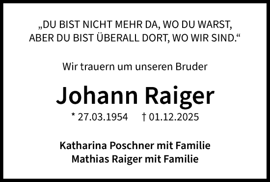 Traueranzeige von Johann Raiger von Bietigheimer Zeitung