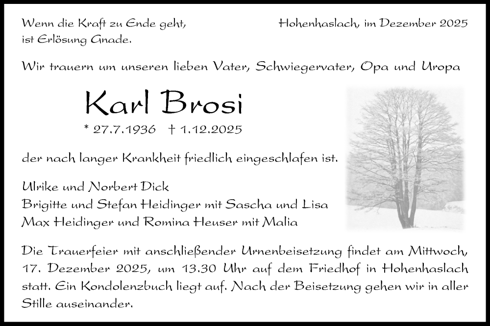  Traueranzeige für Karl Brosi vom 12.12.2025 aus Bietigheimer Zeitung