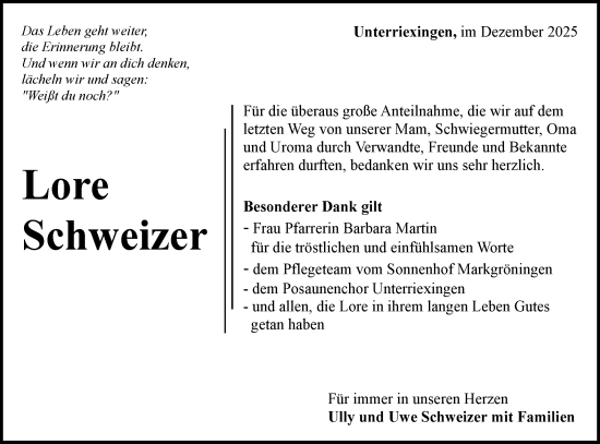 Traueranzeige von Lore Schweizer von Bietigheimer Zeitung