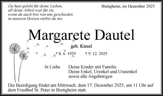 Traueranzeige von Margarete Dautel von Bietigheimer Zeitung