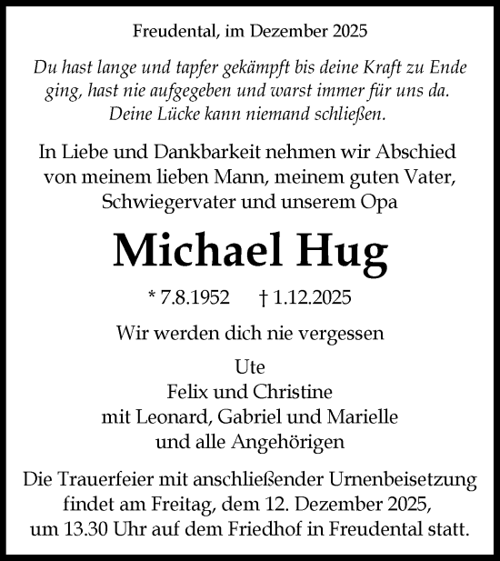 Traueranzeige von Michael Hug von Bietigheimer Zeitung