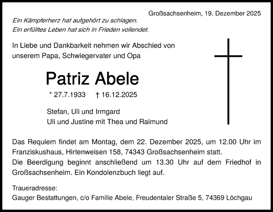 Traueranzeige von Patriz Abele von Bietigheimer Zeitung