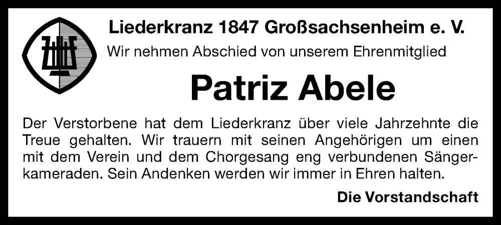  Traueranzeige für Patriz Abele vom 22.12.2025 aus Bietigheimer Zeitung
