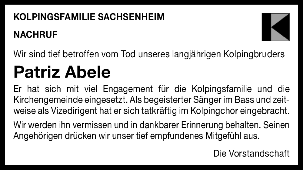 Traueranzeige für Patriz Abele vom 22.12.2025 aus Bietigheimer Zeitung