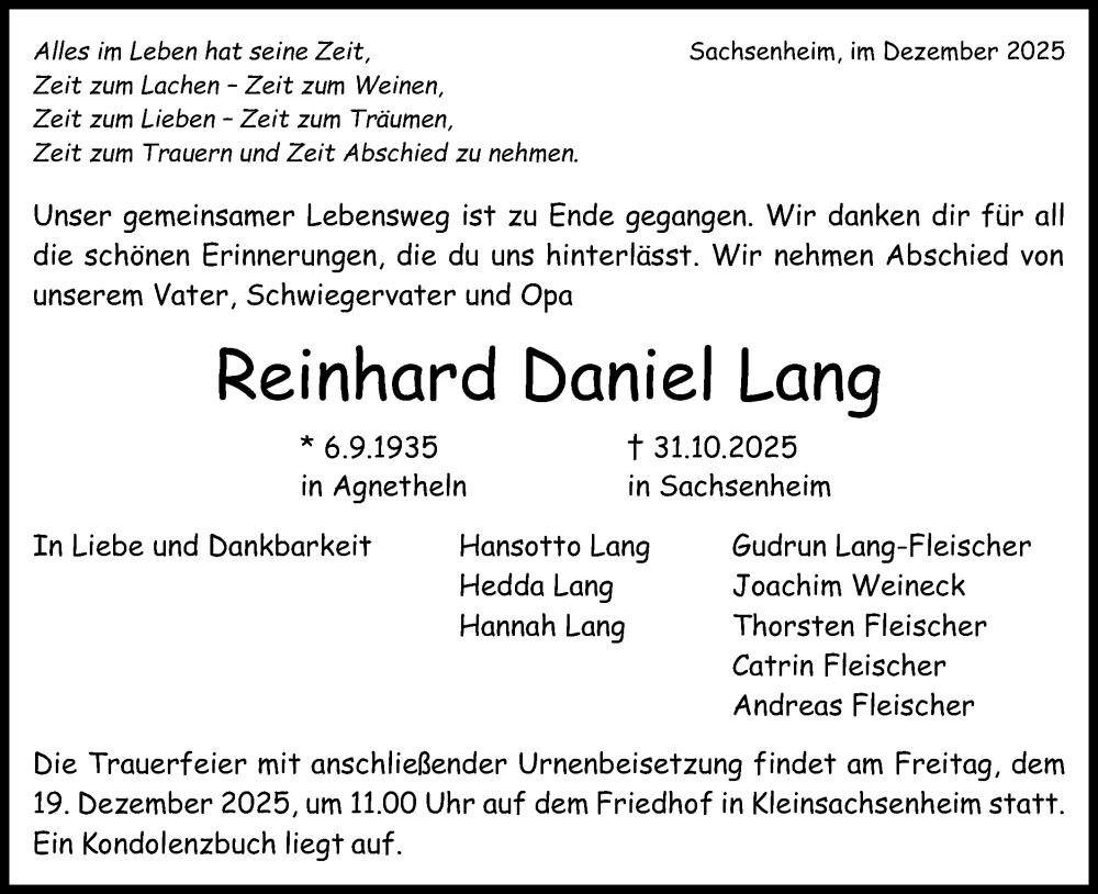  Traueranzeige für Reinhard Daniel Lang vom 13.12.2025 aus Bietigheimer Zeitung