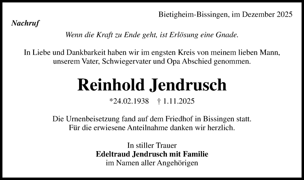  Traueranzeige für Reinhold Jendrusch vom 20.12.2025 aus Bietigheimer Zeitung
