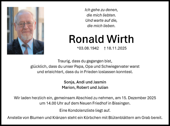 Traueranzeige von Ronald Wirth von Bietigheimer Zeitung