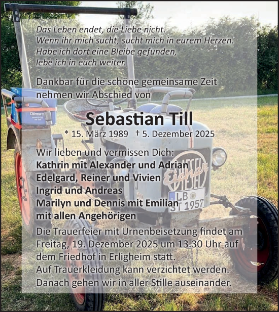 Traueranzeige von Sebastian Till von Bietigheimer Zeitung