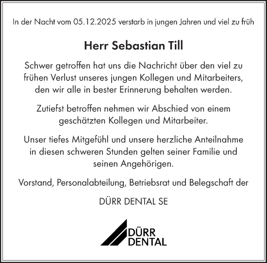 Traueranzeige von Sebastian Till von Bietigheimer Zeitung
