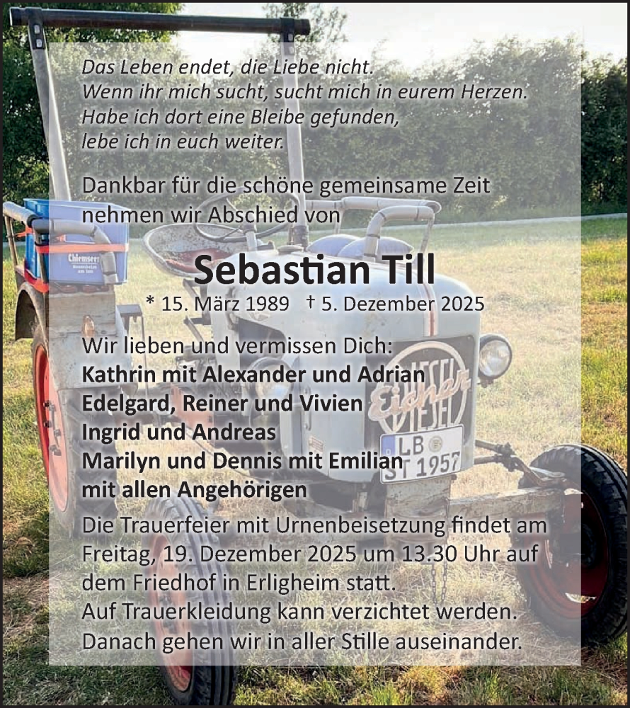  Traueranzeige für Sebastian Till vom 13.12.2025 aus Bietigheimer Zeitung