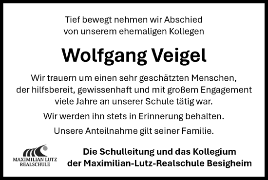 Traueranzeige von Wolfgang Veigel von Bietigheimer Zeitung