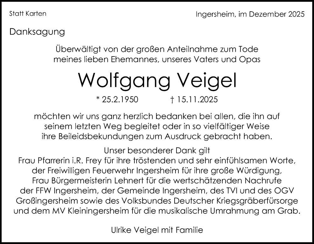  Traueranzeige für Wolfgang Veigel vom 20.12.2025 aus Bietigheimer Zeitung