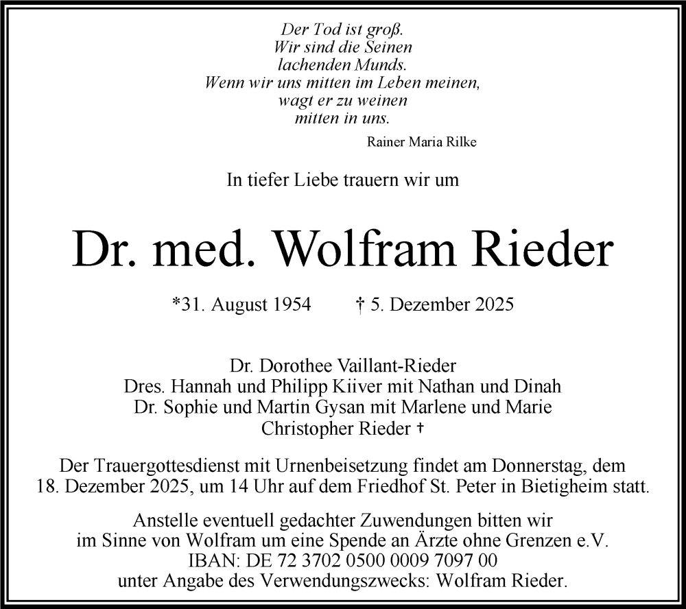  Traueranzeige für Wolfram Rieder vom 13.12.2025 aus Bietigheimer Zeitung