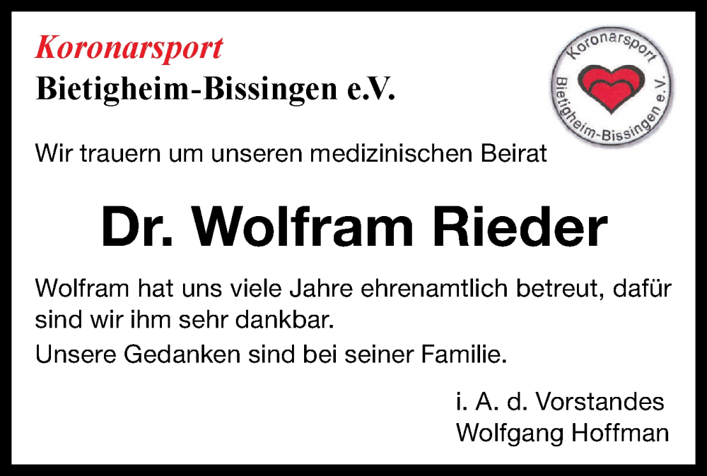  Traueranzeige für Wolfram Rieder vom 16.12.2025 aus Bietigheimer Zeitung