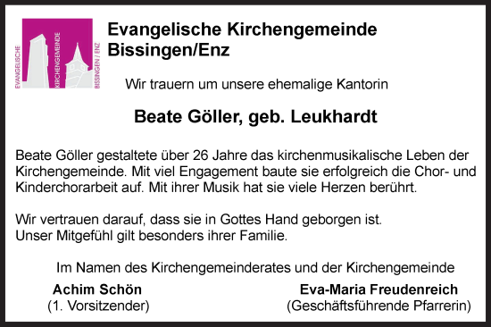Traueranzeige von Beate Göller von Bietigheimer Zeitung