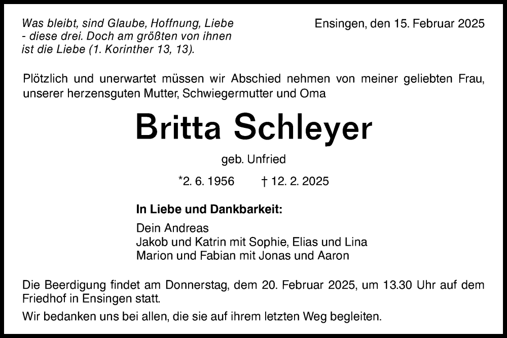 Traueranzeige für Britta Schleyer vom 15.02.2025 aus Bietigheimer Zeitung