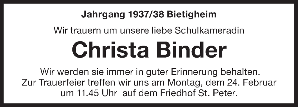  Traueranzeige für Christa Binder vom 21.02.2025 aus Bietigheimer Zeitung