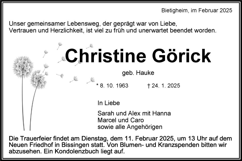  Traueranzeige für Christine Görick vom 08.02.2025 aus Bietigheimer Zeitung