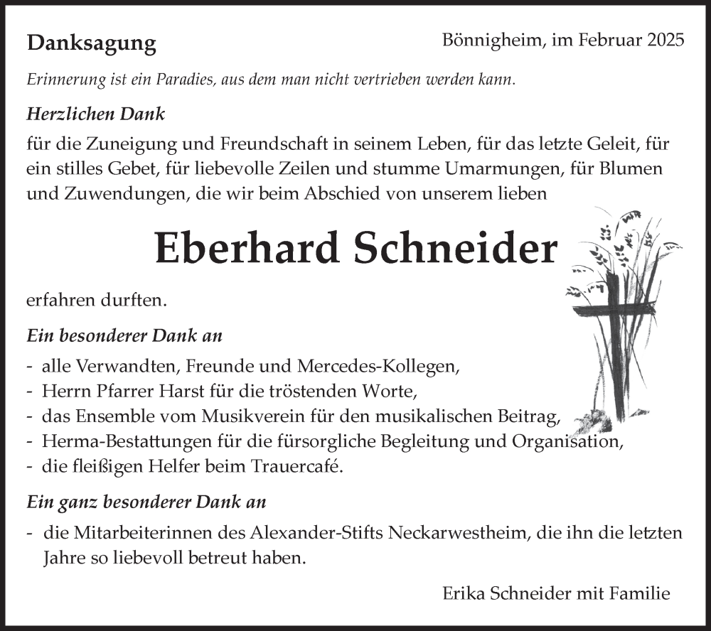  Traueranzeige für Eberhard Schneider vom 08.02.2025 aus Bietigheimer Zeitung