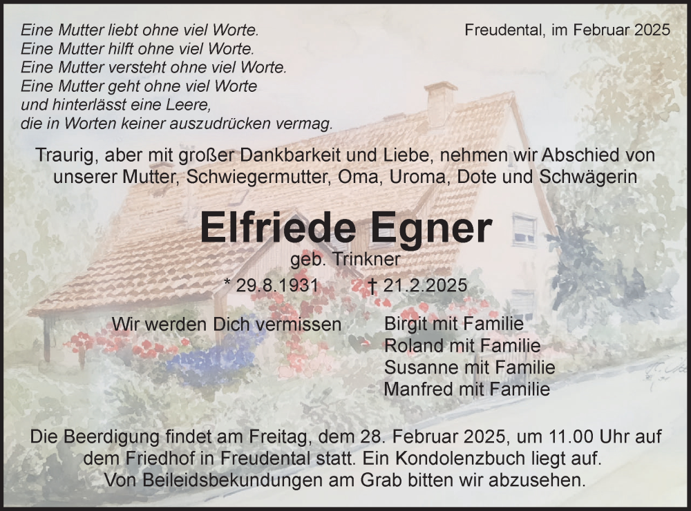  Traueranzeige für Elfriede Egner vom 26.02.2025 aus Bietigheimer Zeitung