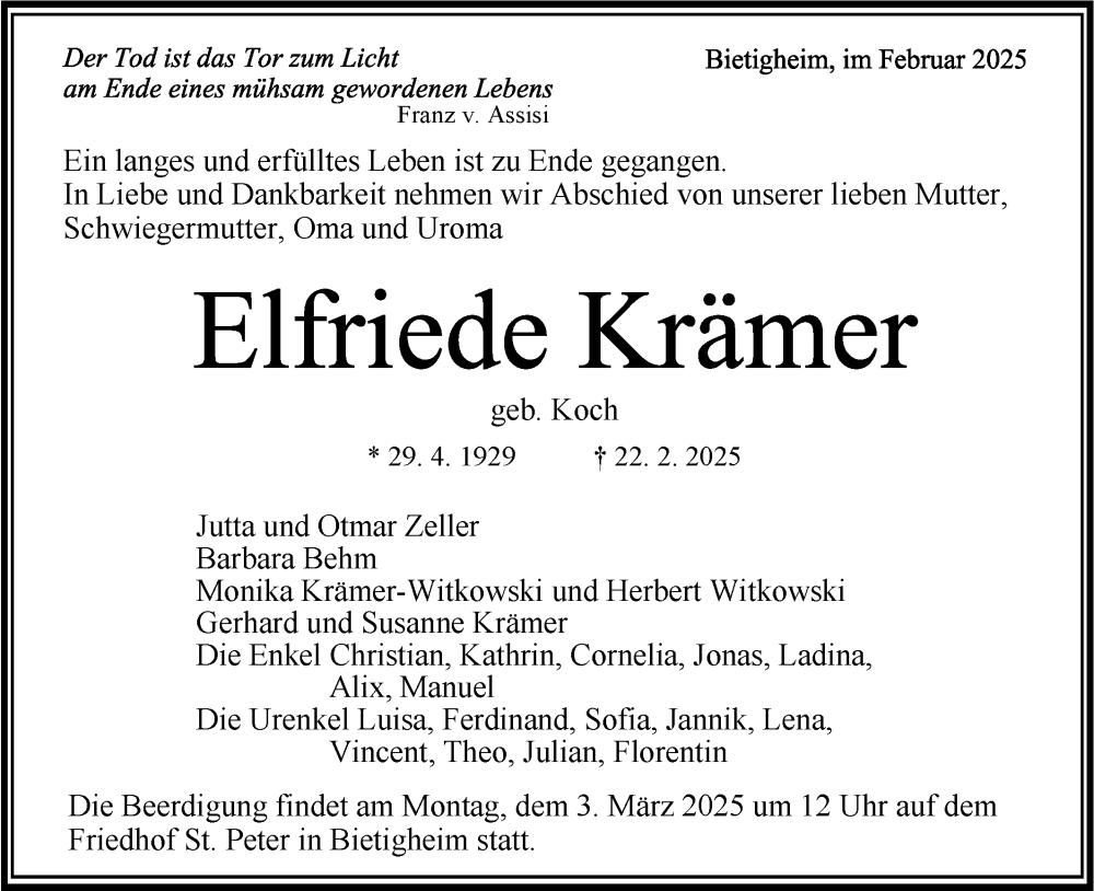  Traueranzeige für Elfriede Krämer vom 28.02.2025 aus Bietigheimer Zeitung