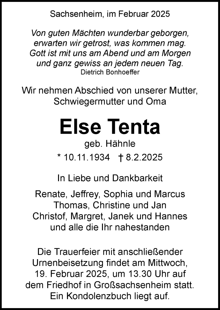  Traueranzeige für Else Tenta vom 14.02.2025 aus Bietigheimer Zeitung